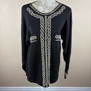Victoria Harbour Vintage Sweater Black Knit Pullover Beige Gold Bead Design Sz M